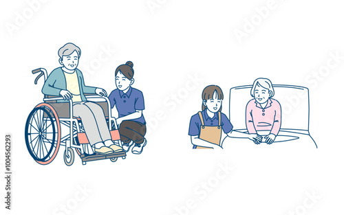 高齢者と介護士のイラスト