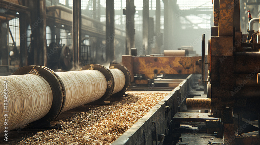 A paper mill processing wood pulp into paper rolls. A paper mill processing wood pulp into paper rolls.