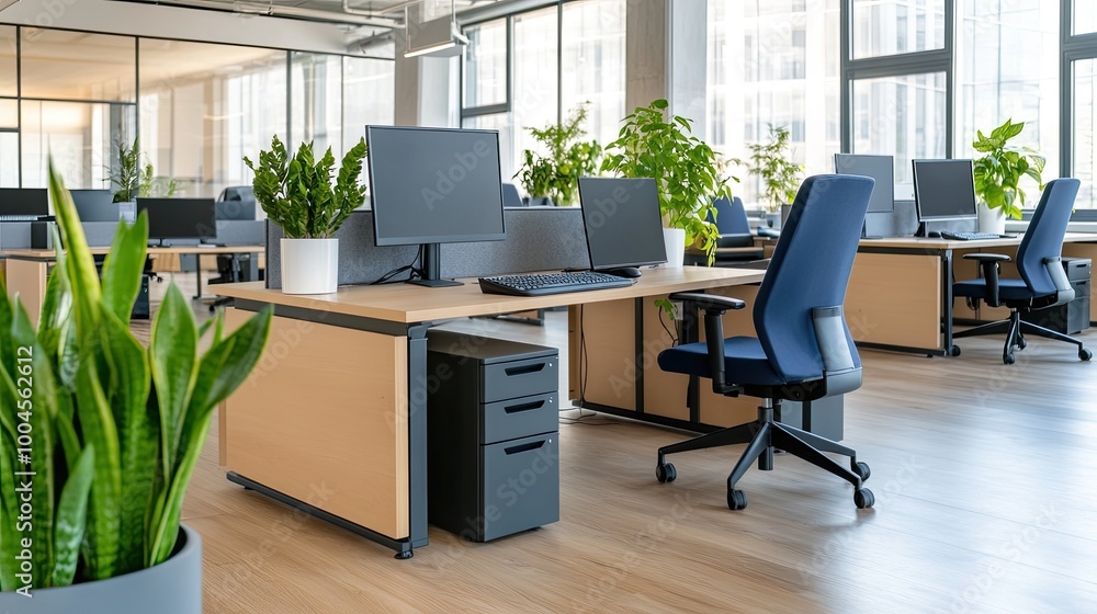 This corporate workspace showcases a modern open-plan design with blurred backdrops, soft lighting, and sleek desks, creating an inviting evening atmosphere This corporate workspace showcases a modern open-plan design with blurred backdrops, soft lighting, and sleek desks, creating an inviting evening atmosphere
