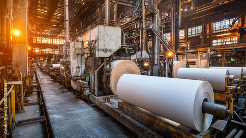  A paper mill processing wood pulp into paper rolls. 