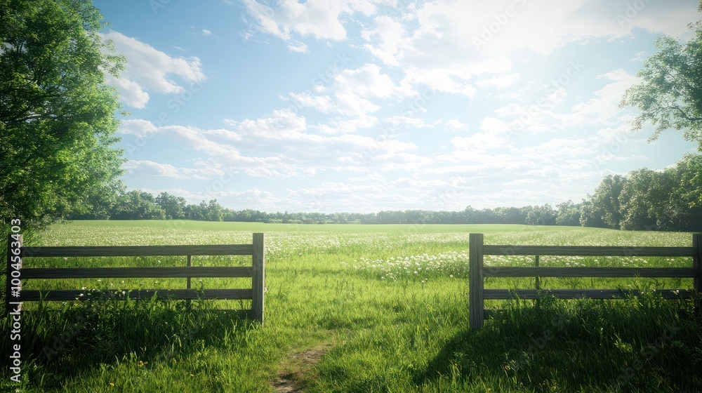 Concept of putting gates to the field, bright sky with sunshine and green meadow Concept of putting gates to the field, bright sky with sunshine and green meadow