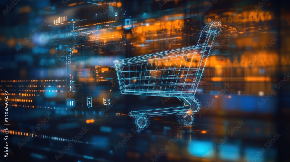 Digital Shopping Cart on a Technological Background Digital Shopping Cart on a Technological Background