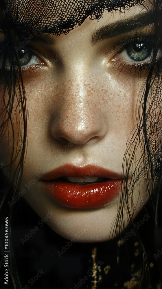 Close Up Portrait of a Woman with Red Lips and Freckles Close Up Portrait of a Woman with Red Lips and Freckles