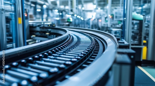 Curved conveyor belt transporting goods in a modern factory setting during daytime operations