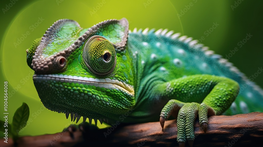 Close-up Vivid Green Chameleon on a Branch with Bokeh Background. Nature Wildlife Close-up Vivid Green Chameleon on a Branch with Bokeh Background. Nature Wildlife