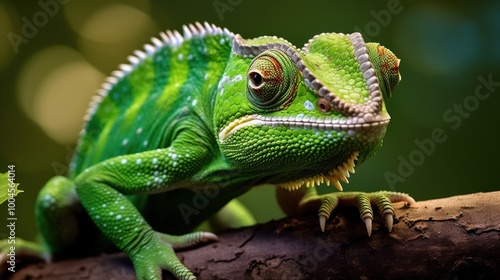 Close-up Vivid Green Chameleon on a Branch with Bokeh Background. Nature Wildlife