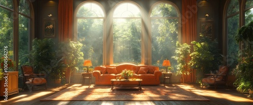 Sunlit Living Room with Large Windows and Forest View