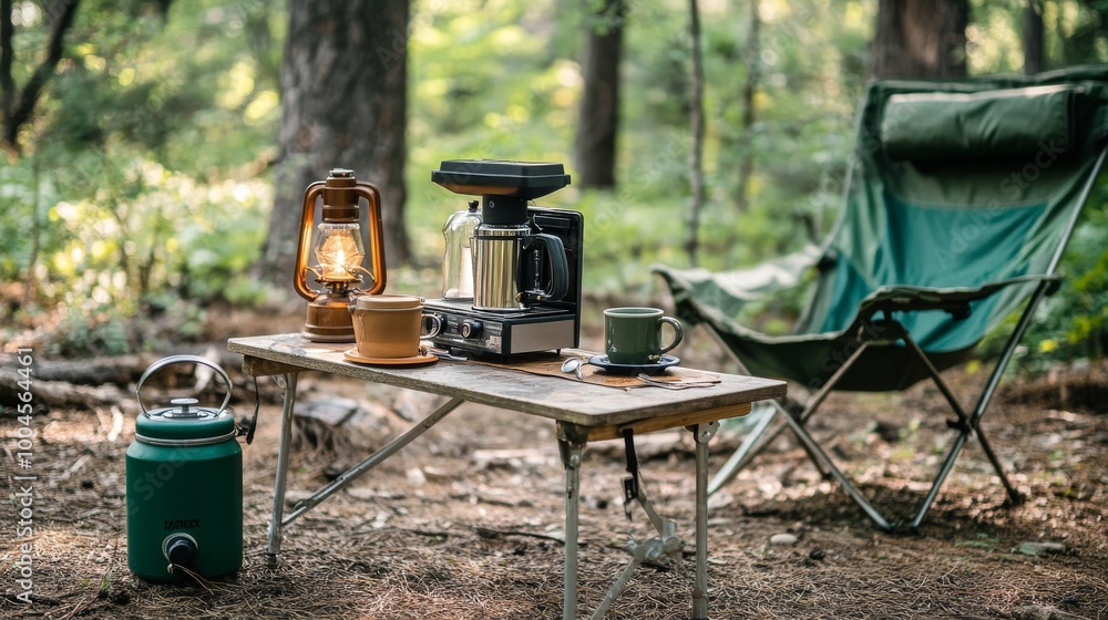 A simple camping coffee setup in the woods. A small table holds a portable coffee maker, a gas stove, and a lantern. A green camping chair is nearby. A simple camping coffee setup in the woods. A small table holds a portable coffee maker, a gas stove, and a lantern. A green camping chair is nearby.