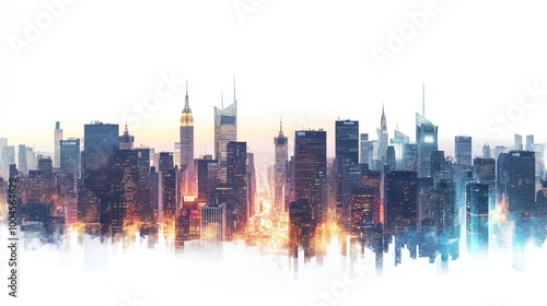 Vibrant cityscape with modern skyscrapers and bright lights, set against a hazy background, depicting urban life and architectural beauty.