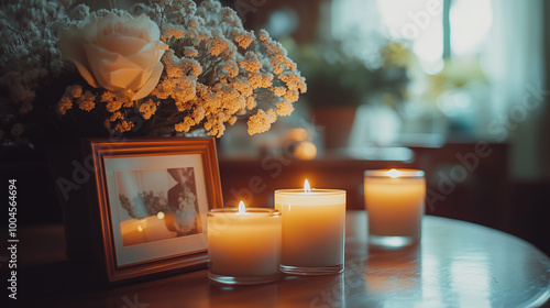 Memorial candles with framed photograph and floral arrangement in soft lighting