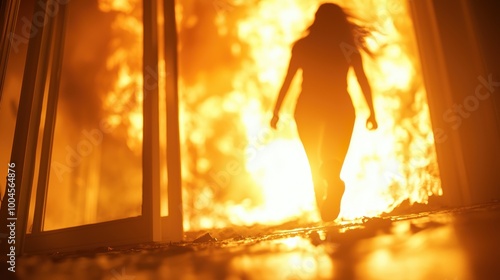 Woman Silhouetted Against Dramatic Fire Background