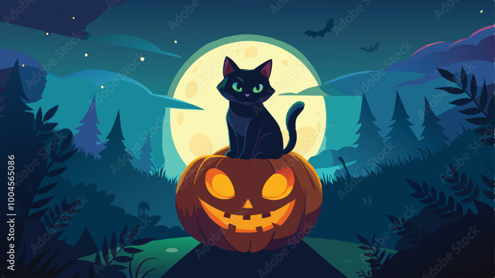 Black Cat Sitting on Glowing Pumpkin with Halloween Background Vector Illustration Black Cat Sitting on Glowing Pumpkin with Halloween Background Vector Illustration