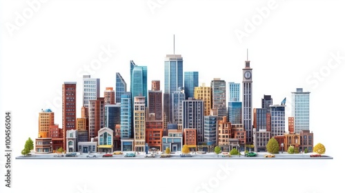 Vibrant city skyline showcasing modern and historic architecture during daytime, isolated on a white background.