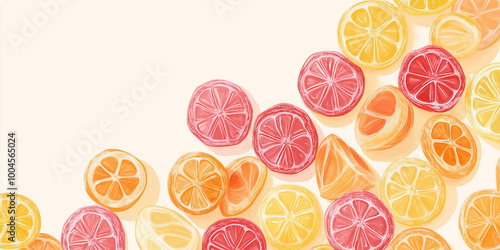 Fruit-filled candies grouped together, some slightly overlapping, sweet illustration