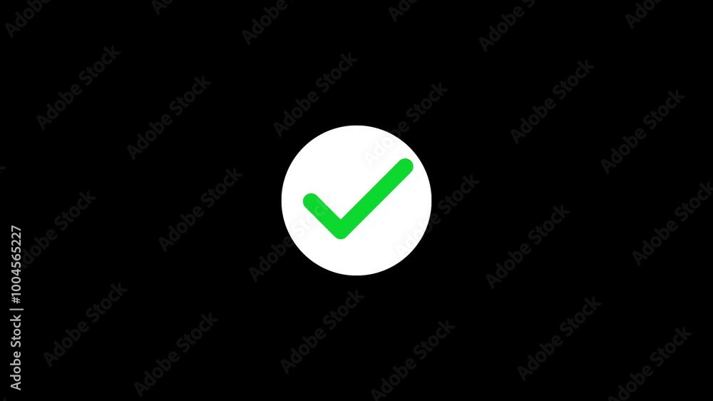Animation of a green checkmark icon in a white circle on a black background. Animation of a green checkmark icon in a white circle on a black background.