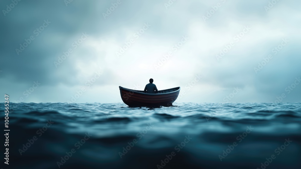 Obraz premium Solitary Boat in Calm Water Under Cloudy Sky