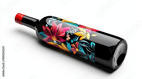 Elegant wine bottle with vibrant floral design on white background. Perfect for wine, art, and lifestyle visuals.