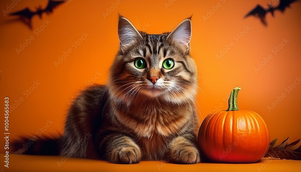 With Stock technology, this Halloween card features a cat and a pumpkin on an orange backgro With Stock technology, this Halloween card features a cat and a pumpkin on an orange backgro