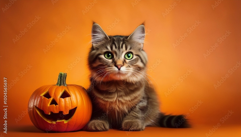 With Stock technology, this Halloween card features a cat and a pumpkin on an orange backgro With Stock technology, this Halloween card features a cat and a pumpkin on an orange backgro