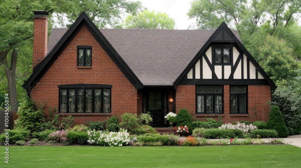 This stunning red-brick house features elegant black trim and windows, surrounded by blooming gardens in a serene Toronto neighborhood, showcasing classic architectural beauty This stunning red-brick house features elegant black trim and windows, surrounded by blooming gardens in a serene Toronto neighborhood, showcasing classic architectural beauty