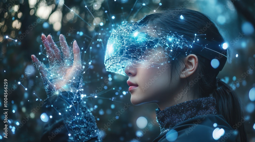 In n the Era of Metaverse: Embracing Virtual Reality Connectivity. A woman holds the power of a global network connection, symbolizing the future of communication through internet and wireless tec In n the Era of Metaverse: Embracing Virtual Reality Connectivity. A woman holds the power of a global network connection, symbolizing the future of communication through internet and wireless tec