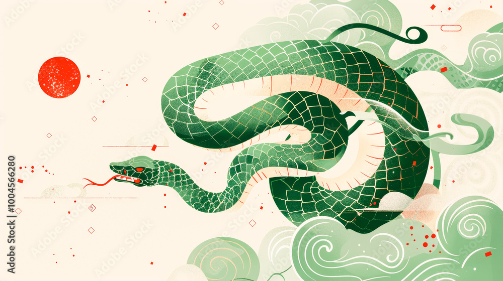 Obraz premium Furious green snake weaves through stylized clouds and red sun, symbol of the Chinese New Year, adorned with traditional artistic flair and cultural significance