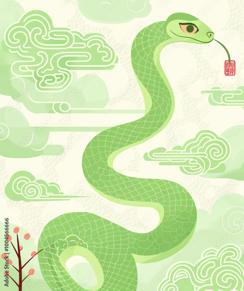 A striking green snake weaves elegantly through stylized clouds, embodying the essence of the Chinese New Year with its intricate design and cultural significance. Vertical image, copy space A striking green snake weaves elegantly through stylized clouds, embodying the essence of the Chinese New Year with its intricate design and cultural significance. Vertical image, copy space