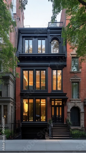 This stunning red-brick house features elegant black trim and windows, surrounded by blooming gardens in a serene Toronto neighborhood, showcasing classic architectural beauty