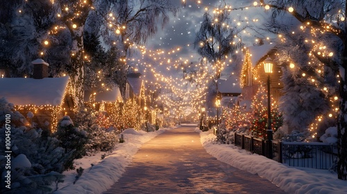 A 3D snow-covered street with glowing Christmas lights hanging across