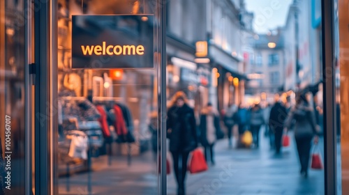Glass storefront entrance featuring a bright welcome sign with people walking in the busy city street