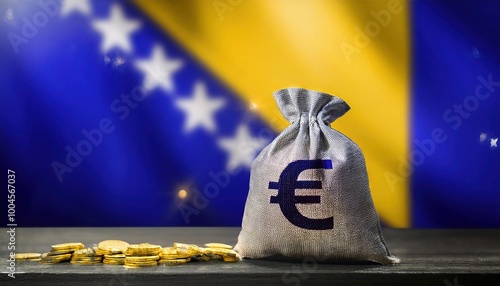 Euro Currency Bag on Bosnian Flag Background photo