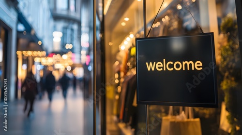 Glass storefront entrance featuring a bright welcome sign with people walking in the busy city street