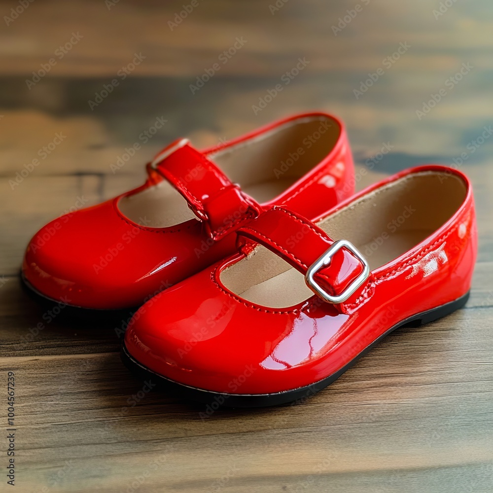 A pair of red shoes on a wooden surface A pair of red shoes on a wooden surface