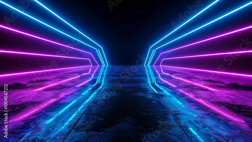 vibrant sci fi scene featuring blue and purple neon lines creating futuristic tunnel effect. reflective floor enhances immersive atmosphere, evoking sense of depth and excitement. 