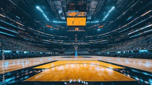 NBA arena shot from a low angle. Lights, empty arena