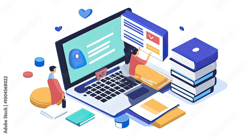 A woman working on a laptop with a man watching on. There are books, hearts, and other objects surrounding them. A woman working on a laptop with a man watching on. There are books, hearts, and other objects surrounding them.