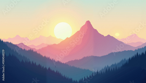 Mountain peak view landscape with sunrise soft light. Flat 2d vector illustration background. Arcade gaming style