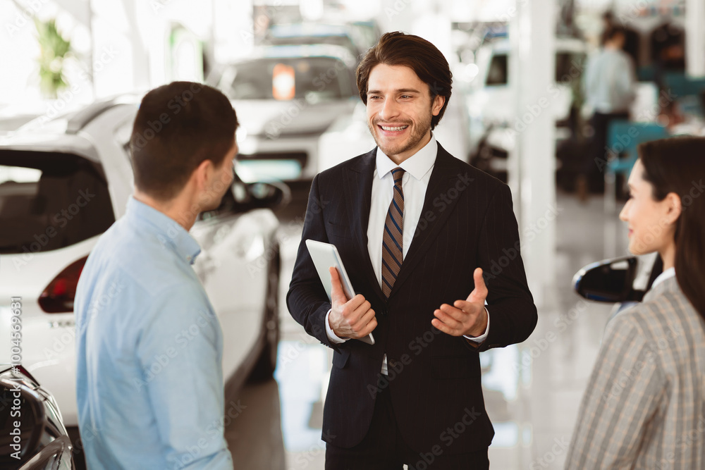 Car Sales Business. Auto dealer talking with couple clients, selling automobile, holding digital tablet. Selective focus Car Sales Business. Auto dealer talking with couple clients, selling automobile, holding digital tablet. Selective focus