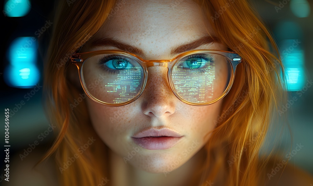 A portrait of a beautiful young woman. The data from the monitor is reflected on the glasses.