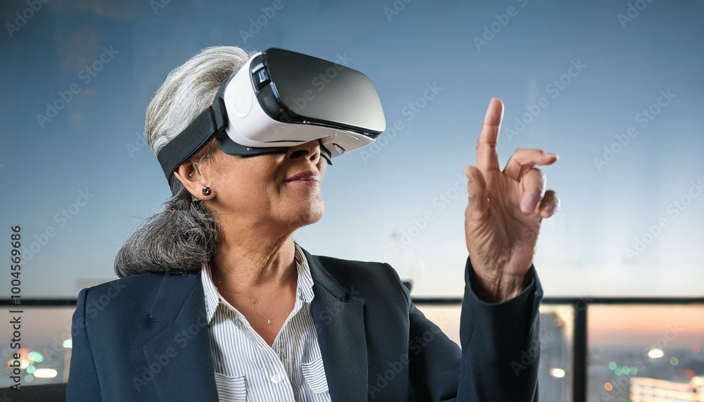VR experience senior business woman wearing virtual VR experience senior business woman wearing virtual