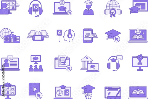 Colored Online Education Icon Set. Vector Icons Online School, Mentor, Learning Platform, Student, Audio Course, Tuition Fees, E-Book, Reward, E-Learning, Online Test, and More