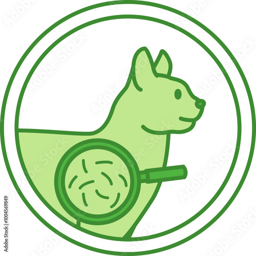 Green Hairball Control Label. Vector Icon. Cat and Hair in Magnifying Glass. Pet Care Packaging Sticker