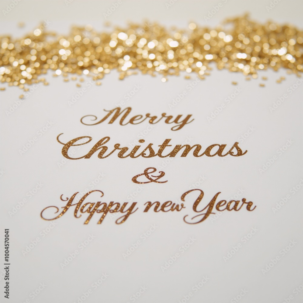 Bokeh-style gold glitter background with festive calligraphed greetings for Merry Christmas Happy New Year Bokeh-style gold glitter background with festive calligraphed greetings for Merry Christmas Happy New Year