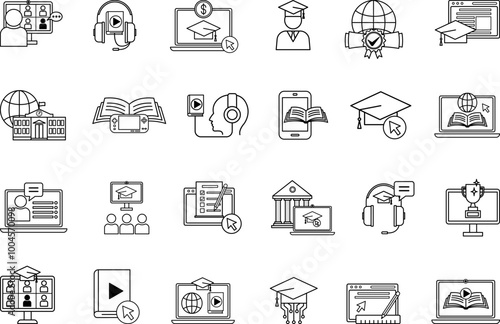 Online Education Icon Set. Vector Icons Online School, Mentor, Learning Platform, Student, Audio Course, Tuition Fees, E-Book, Reward, E-Learning, Online Test, and More