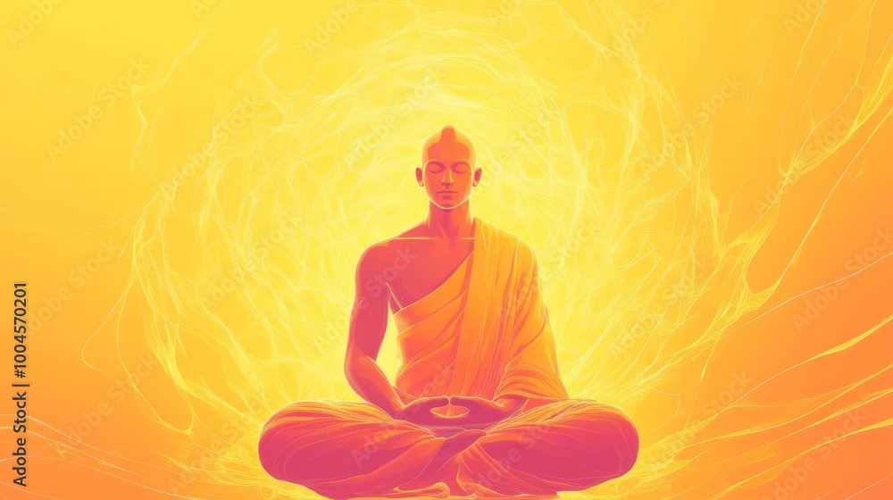 Enlightened monk meditating with a bright aura, showcasing serenity, spirituality, and inner peace in a vibrant yellow background. Enlightened monk meditating with a bright aura, showcasing serenity, spirituality, and inner peace in a vibrant yellow background.