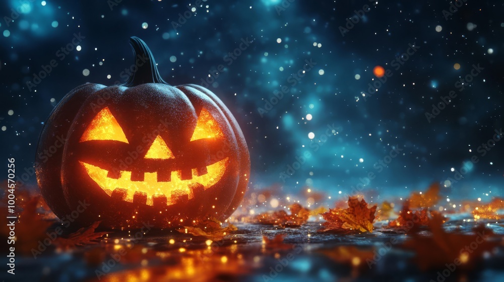 Glowing jack-o'-lantern surrounded by autumn leaves under a mystical starry sky, perfect for Halloween themes. Glowing jack-o'-lantern surrounded by autumn leaves under a mystical starry sky, perfect for Halloween themes.