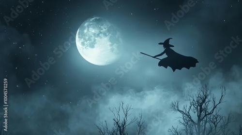 Silhouette of a witch flying on a broomstick across a moonlit night sky with eerie clouds and barren trees.