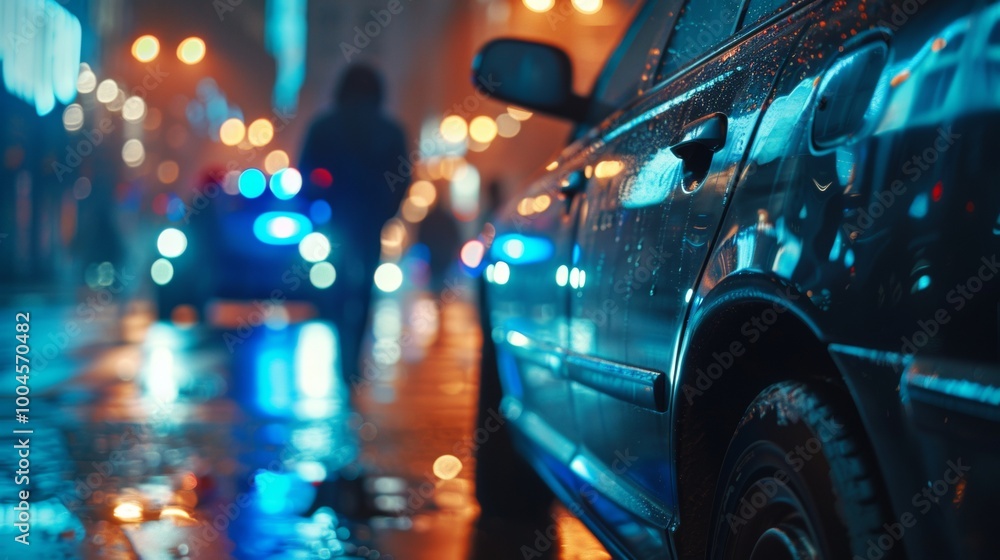 police patrol car on a street at night police patrol car on a street at night