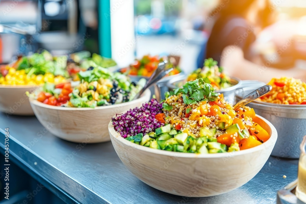 Vegan food truck serving bowls filled with fresh vegetables, quinoa, and sauces, urban street food culture Vegan food truck serving bowls filled with fresh vegetables, quinoa, and sauces, urban street food culture