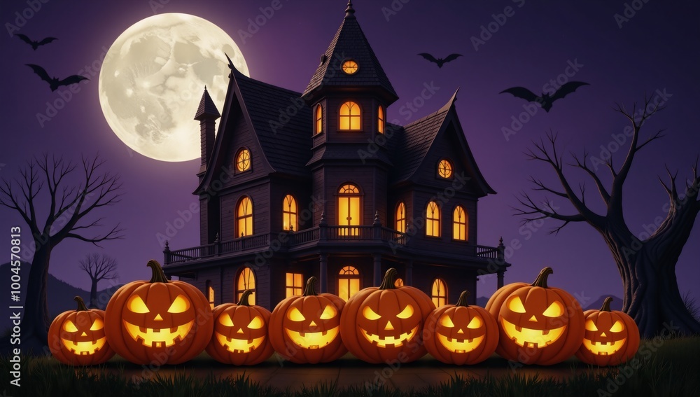 A digitally rendered Halloween scene features jack-o-lanterns before a spooky haunted house surrounded by flying bats beneath a glowing moon A digitally rendered Halloween scene features jack-o-lanterns before a spooky haunted house surrounded by flying bats beneath a glowing moon